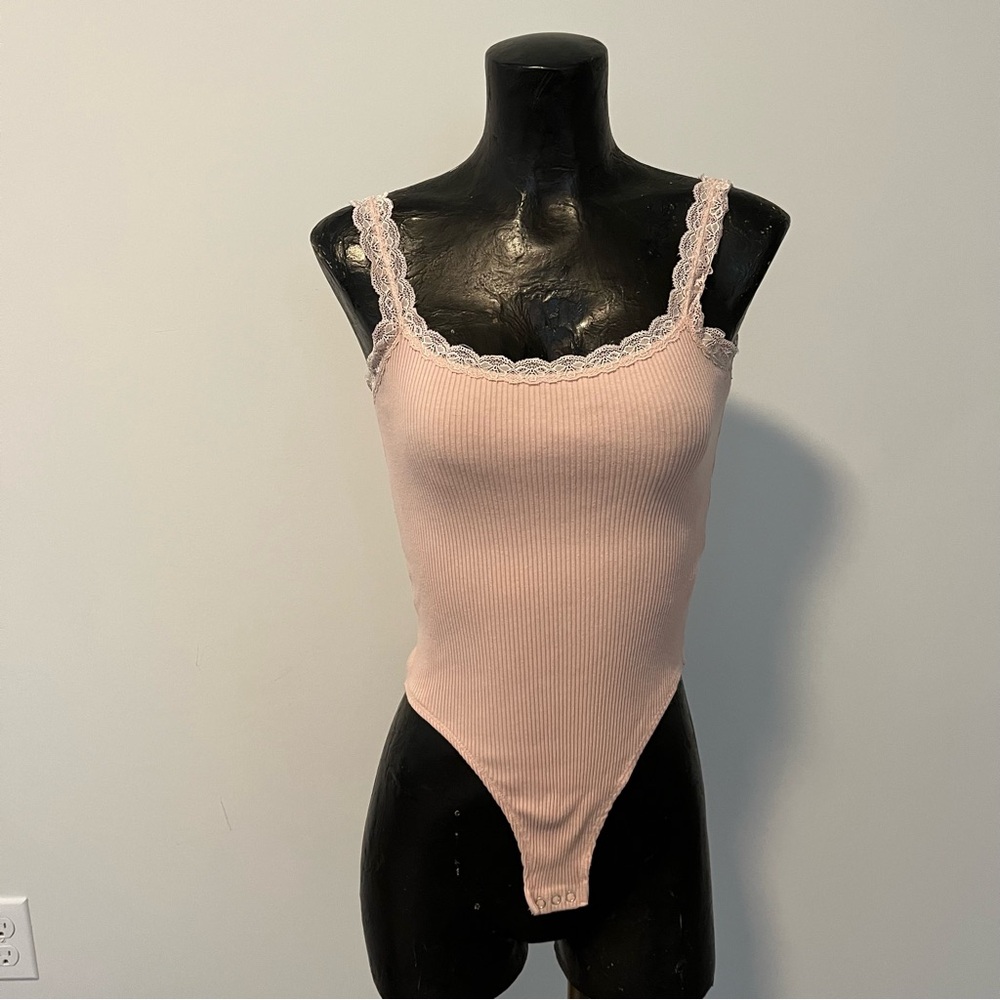 Ribbed Pink Lace Bodysuit